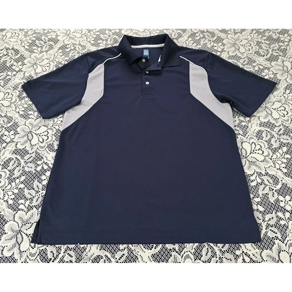 PGA Tour Airflux Golf Polo L Navy Blue Gray Accent 3 Button Short Sleeve Casual - Picture 4 of 9